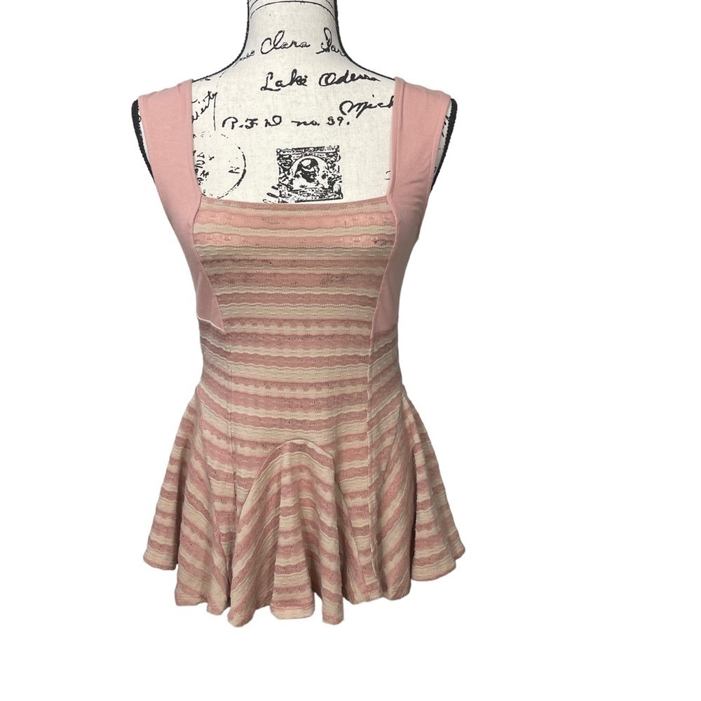 Free People Toast and Pale Pink Striped Shirt Top Peplum Boho Size Large
